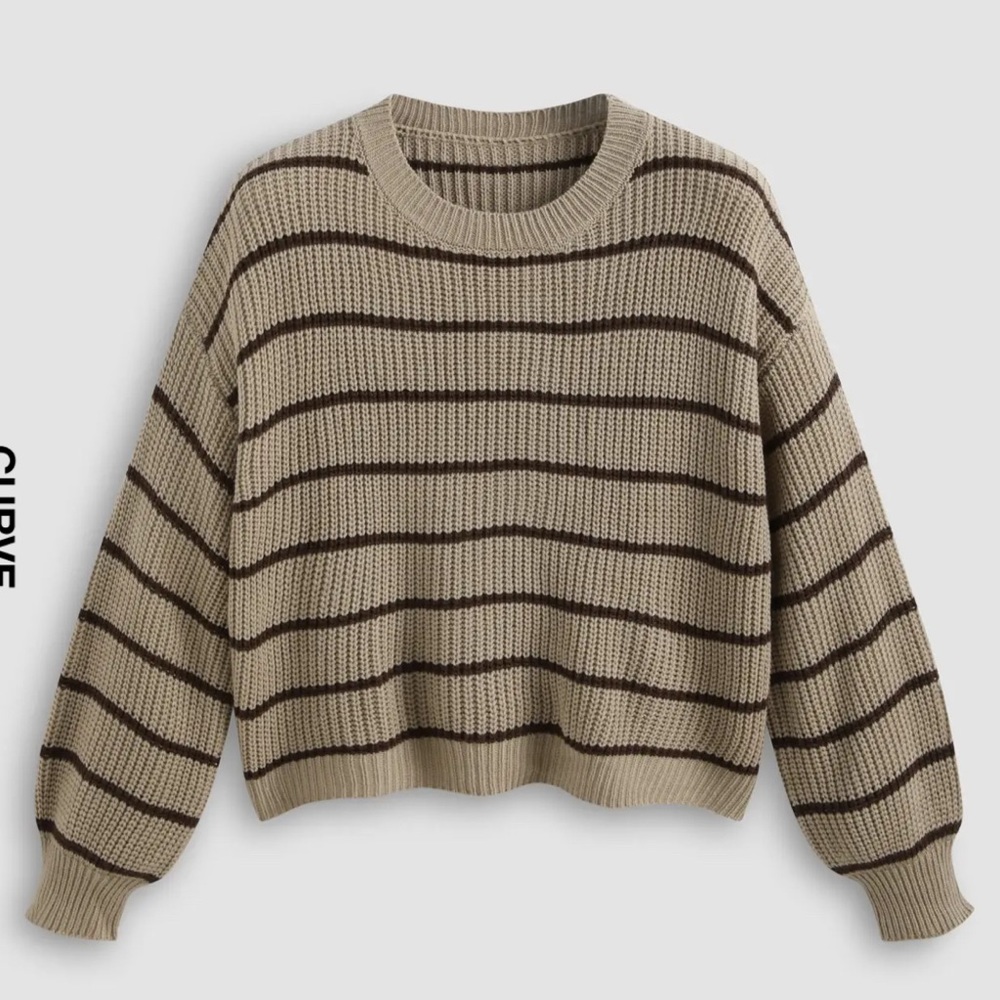 Cider Tan and Brown Striped Crew Neck Sweater
